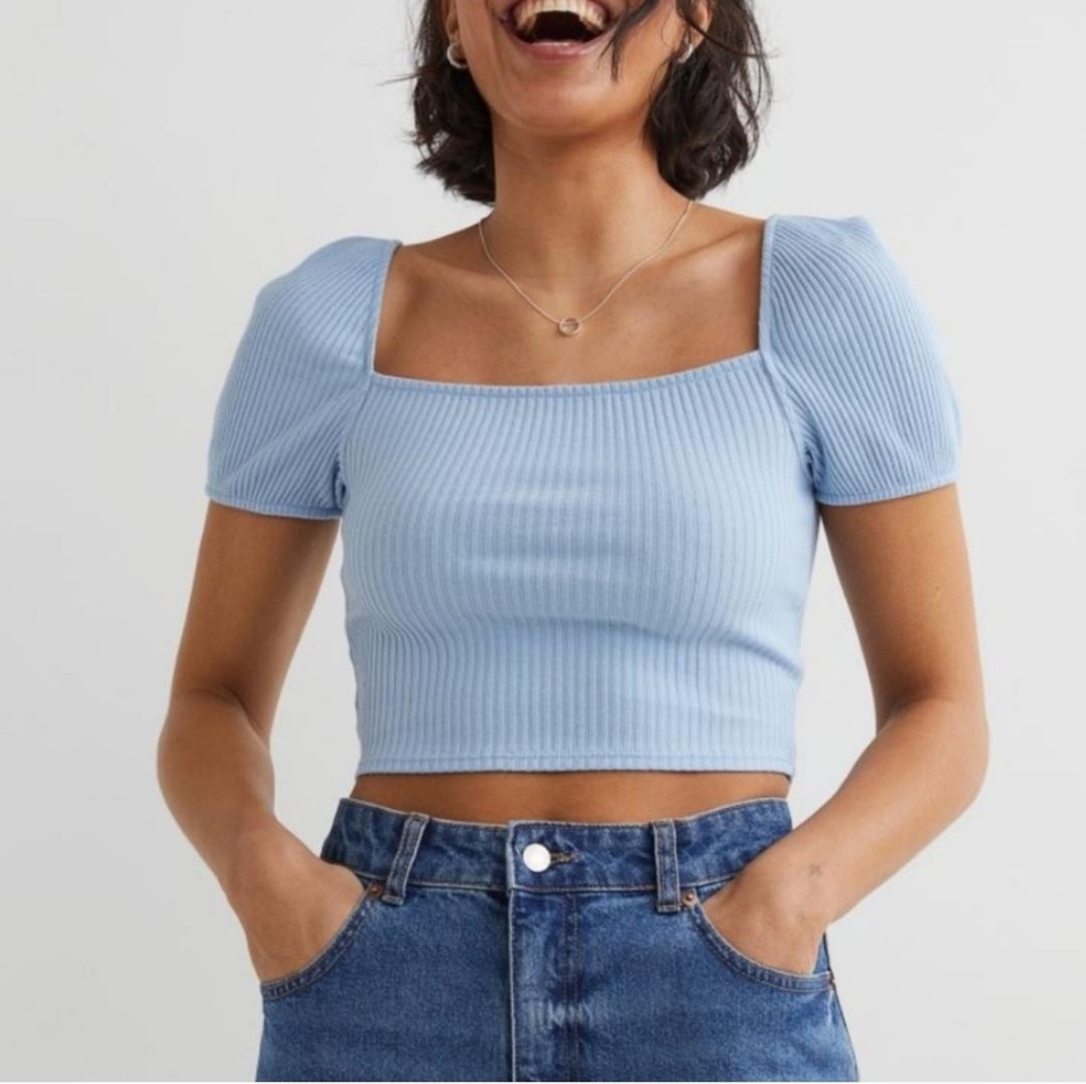 H&M Women's Short Sleeve Ribbed Crop Top Size X-Small Light Blue
